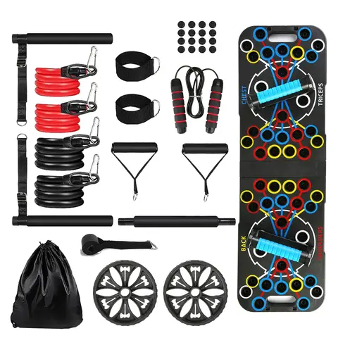 MULTIFUNCTIONAL PUSH UP BOARD HOME STRENGTH TRAINING EQUIPMENT WITH 15 FITNESS ACCESSORIES PILATES BAR RESISTANCE BAND ROLLER WHEEL FULL BODY WORKOUT 