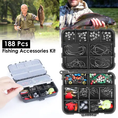 188PCS FISHING ACCESSORY KIT PORTABLE FISHING SET INCLUDING JIG HOOKS SINKER WEIGHTS SPOON LURE REMOVABLE SPLIT SHOT W/ TACKLE BOX