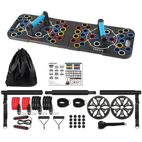 MULTIFUNCTIONAL PUSH UP BOARD HOME STRENGTH TRAINING EQUIPMENT WITH 15 FITNESS ACCESSORIES PILATES BAR RESISTANCE BAND ROLLER WHEEL FULL BODY WORKOUT 