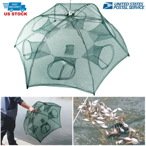 FISHING TRAP NET PORTABLE FOLDED FISHING BAIT TRAP SHRIMP MINNOW CRAB BAIT NET 6 SIDES 6 HOLES CRAYFISH CAST MESH TRAP AUTOMATIC