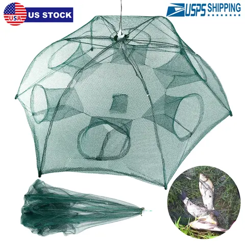 FISHING TRAP NET PORTABLE FOLDED FISHING BAIT TRAP SHRIMP MINNOW CRAB BAIT NET 6 SIDES 6 HOLES CRAYFISH CAST MESH TRAP AUTOMATIC