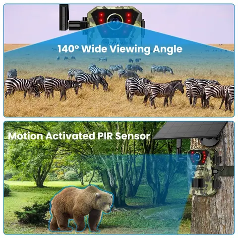 4G 4K 30FPS SOLAR TRAIL CAMERA OUTDOOR WILDLIFE CAMERA MOTION ACTIVATED IP66 WATERPROOF WITH 140ºVIEWING ANGLE NO GLOW NIGHT VISION SIM CARD APP CONTR