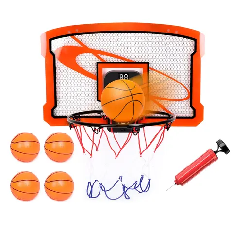 INDOOR MINI BASKETBALL HOOP SET OVER DOOR BASKETBALL HOOP WITH 4 INFLATABLE BALLS ELECTRIC AUDIO SCORER FOLDABLE BASKET GIFT FOR KIDS AND ADULTS