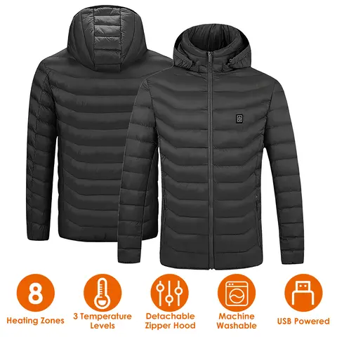 HEATED JACKET ELECTRIC HEATING COAT LIGHTWEIGHT WINTER HOODED JACKET WITH 3-LEVEL HEATING MODES 8 HEATING ZONES DETACHABLE ZIPPER HOOD