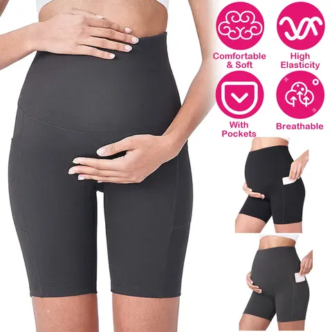 WOMEN MATERNITY SHORTS SEAMLESS PREGNANCY UNDERWEAR SHAPEWEAR FITNESS YOGA RUNNING SHORTS HIGH WAIST OVER THE BELLY PANTS WITH TWO SIDE POCKETS