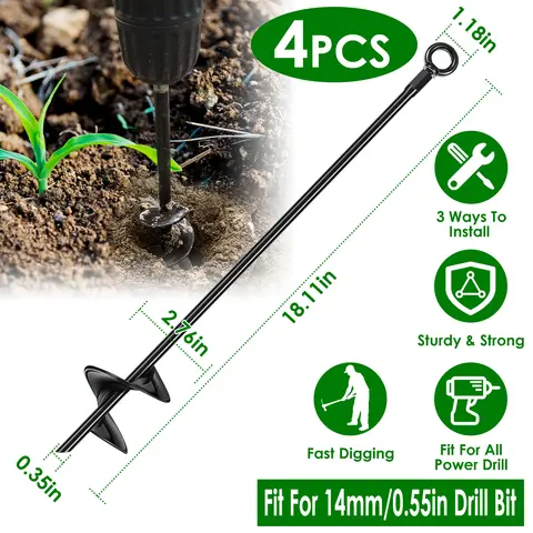 4 PACK HEAVY DUTY GROUND AUGER STAKES 2.76IN WIDE SPIRAL DRILL BITS SOIL HOLE DIGGING DRILL SHAFT FARM VEGETABLE FLOWER PLANTING EARTH PLANTER DIGGER