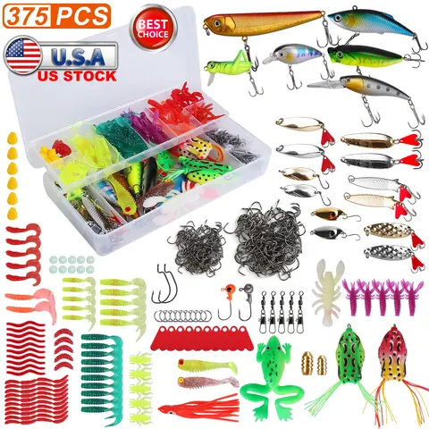 375PCS FISHING BAITS AND TACKLE BOX SALTWATER FRESHWATER FISHING LURES KIT LIFELIKE POPPER CRANKBAITS CRICKETS FROGS SPOON LURES MAGGOTS