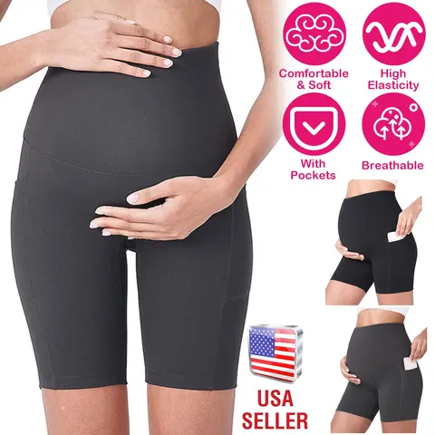 WOMEN MATERNITY SHORTS SEAMLESS PREGNANCY UNDERWEAR SHAPEWEAR FITNESS YOGA RUNNING SHORTS HIGH WAIST OVER THE BELLY PANTS WITH TWO SIDE POCKETS