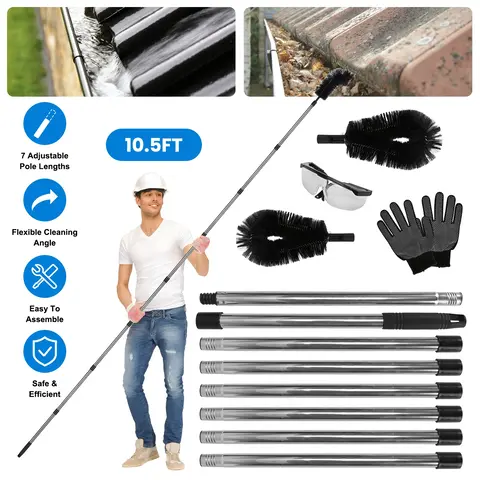 10.5FT GUTTER CLEANING BRUSH WITH TELESCOPING HANDLE RAIN GUTTER CLEANER EXTENDABLE GUTTER CLEANING TOOL FROM THE GROUND WITH 2 ANGLED BRUSHES ANTI-SL