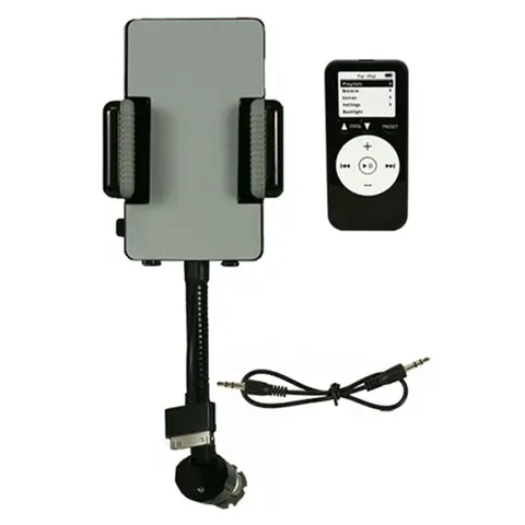 FM TRANSMITTER HANDS-FREE CAR CHARGER W/ REMOTE CONTROL PHONE STAND 3.5 MM HEADPHONE JACK GOOSENECK HOLDER FIT FOR SMART PHONE IPOD MP3