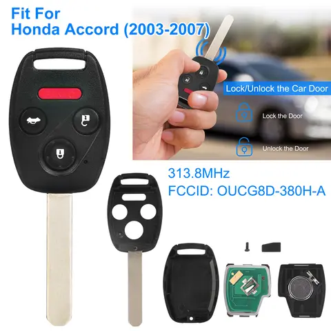 FIT FOR HONDA ACCORD 2003-2007 REMOTE KEYLESS ENTRY SHELL BUTTON CAR KEY FOB UNCUT KEY COVER CASE OUCG8D-380H-A FCCID 313.8MHZ FREQUENCY