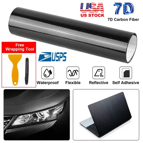 BLACK 7D CARBON FIBER CAR WRAP HIGH GLOSS VINYL WRAP FILM ROLL BUBBLE FREE AIR RELEASE FOR CARS LAPTOPS PHONES