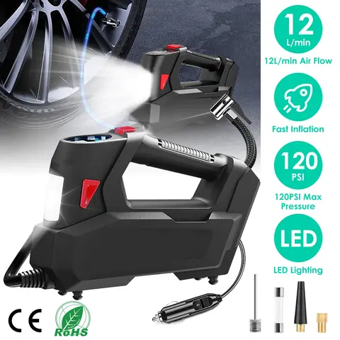 PORTABLE TIRE INFLATOR 120 PSI MAXIMUM 90W POWERED TIRE PUMP WITH DIGITAL DISPLAY LED LIGHT INFLATABLE NOZZLE NEEDLE FUSE AIR COMPRESSOR FOR BIKES MOT