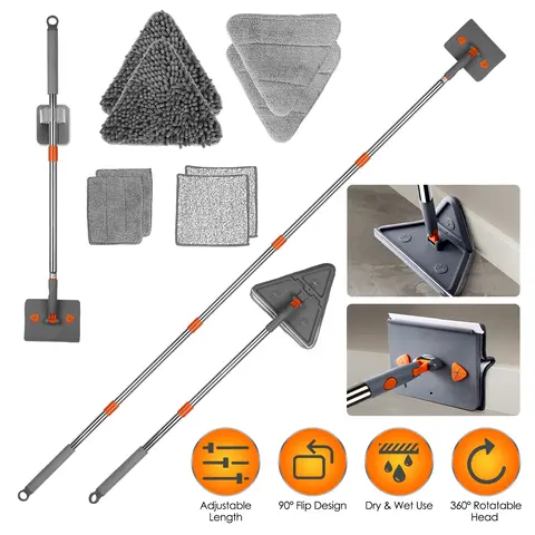 2 IN 1 BASEBOARD CLEANER MOP WALL CLEANER MOP WITH SQUEEGEE EXTENDABLE LONG HANDLE 8 REUSABLE FIBER FLANNEL CHENILLE MOP PADS 360° ROTATABLE CONVEX DE