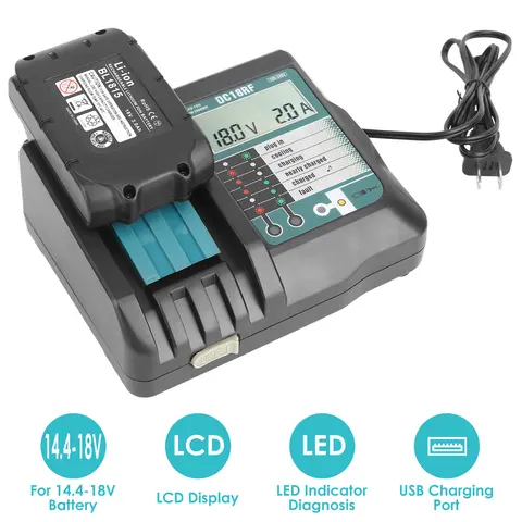 RAPID CHARGER REPLACEMENT FIT FOR MAKITA 14.4-18V BATTERY BL1860 BL1830 BL1850 WITHLCD DISPLAY USB PORT