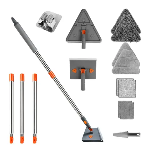 2 IN 1 BASEBOARD CLEANER MOP WALL CLEANER MOP WITH SQUEEGEE EXTENDABLE LONG HANDLE 8 REUSABLE FIBER FLANNEL CHENILLE MOP PADS 360° ROTATABLE CONVEX DE