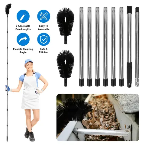 10.5FT GUTTER CLEANING BRUSH WITH TELESCOPING HANDLE RAIN GUTTER CLEANER EXTENDABLE GUTTER CLEANING TOOL FROM THE GROUND WITH 2 ANGLED BRUSHES ANTI-SL