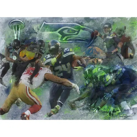 SEATTLE SEAHAWKS DEACON JONES FOUNDATION "BY SEA LAND AND AIR" DEACON JONES FOUNDATION FINE ART CANVAS PRINT 36" X 48" BY ARTIST MARK TRUBISKY