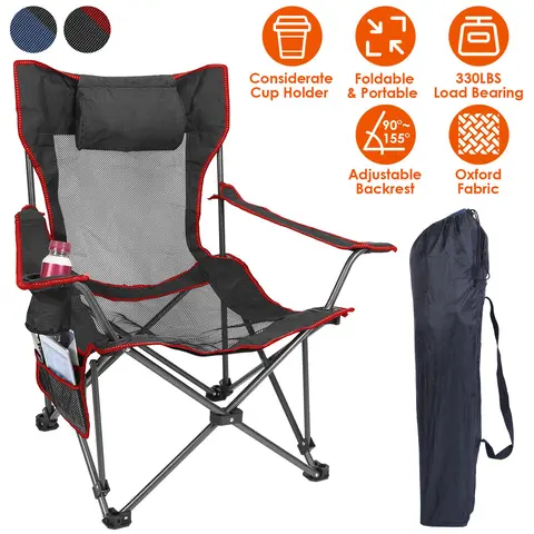 FOLDABLE CAMPING CHAIR 330LBS LOAD HEAVY DUTY STEEL LAWN CHAIR COLLAPSIBLE CHAIR WITH RECLINING BACKREST ANGLE CUP HOLDER PILLOW SIDE POCKET CARRY BAG