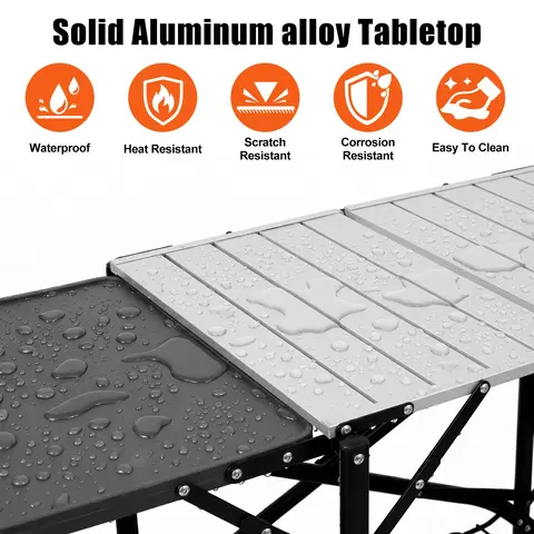FOLDING CAMPING KITCHEN TABLE, PORTABLE OUTDOOR COOKING STATION WITH HEAT RESISTANT TOP, 4 SIDE TABLES & LOWER STORAGE RACK FOR PICNIC, TAILGATING & C