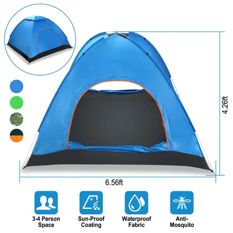 4 PERSONS CAMPING WATERPROOF TENT POP UP TENT INSTANT SETUP TENT W/2 MOSQUITO NET DOORS CARRYING BAG FOLDING 4 SEASONS FOR HIKING CLIMBING ADVENTURE F