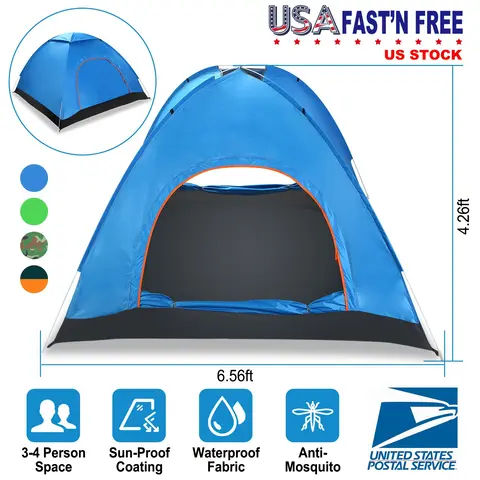 4 PERSONS CAMPING WATERPROOF TENT POP UP TENT INSTANT SETUP TENT W/2 MOSQUITO NET DOORS CARRYING BAG FOLDING 4 SEASONS FOR HIKING CLIMBING ADVENTURE F