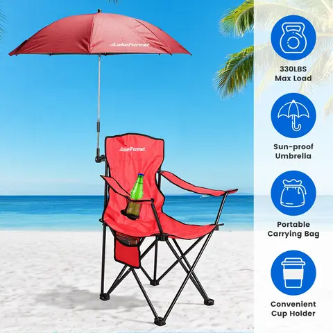 CAMPING CHAIR WITH UMBRELLA LIGHTWEIGHT FOLDABLE OUTDOOR CHAIR WITH CUP HOLDER DETACHABLE SUN CANOPY CARRYING BAG 330LBS MAX LOAD FOR BEACH PICNIC TRA