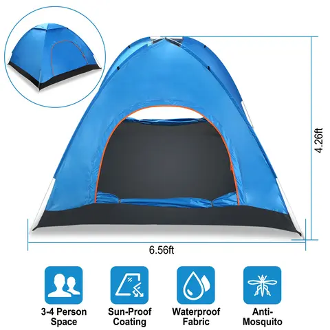 4 PERSONS CAMPING WATERPROOF TENT POP UP TENT INSTANT SETUP TENT W/2 MOSQUITO NET DOORS CARRYING BAG FOLDING 4 SEASONS FOR HIKING CLIMBING ADVENTURE F