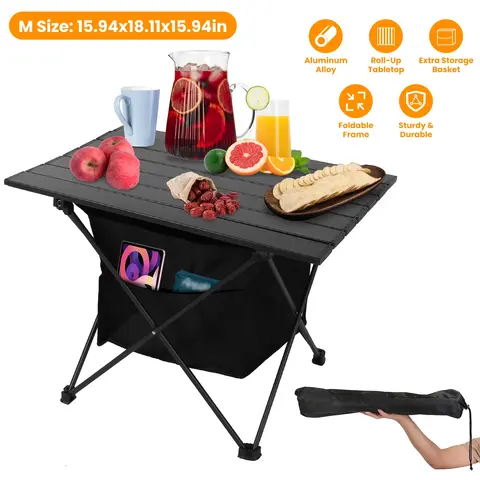 FOLDABLE CAMPING TABLE WITH STORAGE BASKET RUSTPROOF PORTABLE ALUMINUM ALLOY ROLL-UP CAMPING TABLE WITH CARRYING BAG FOR CAMPING HIKING BBQ PICNIC FIS