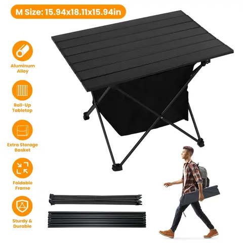 FOLDABLE CAMPING TABLE WITH STORAGE BASKET RUSTPROOF PORTABLE ALUMINUM ALLOY ROLL-UP CAMPING TABLE WITH CARRYING BAG FOR CAMPING HIKING BBQ PICNIC FIS