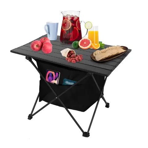 FOLDABLE CAMPING TABLE WITH STORAGE BASKET RUSTPROOF PORTABLE ALUMINUM ALLOY ROLL-UP CAMPING TABLE WITH CARRYING BAG FOR CAMPING HIKING BBQ PICNIC FIS