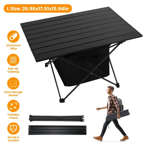 FOLDABLE CAMPING TABLE WITH STORAGE BASKET RUSTPROOF PORTABLE ALUMINUM ALLOY ROLL-UP CAMPING TABLE WITH CARRYING BAG FOR CAMPING HIKING BBQ PICNIC FIS