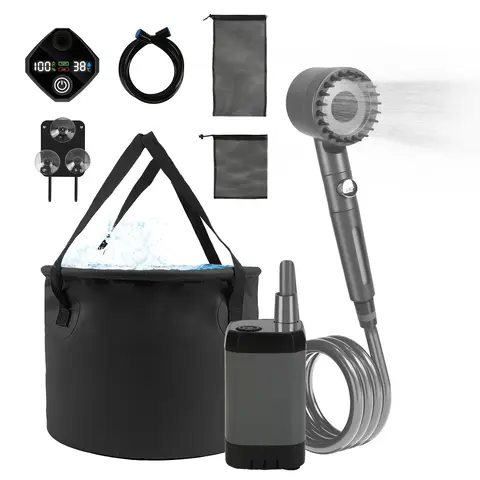PORTABLE SHOWER FOR CAMPING INCLUDE IPX7 WATERPROOF 6000MAH RECHARGEABLE SHOWER PUMP FILTERED SHOWER HEAD 5.3GALLON FOLDABLE BUCKET FOR HIKING BEACH T