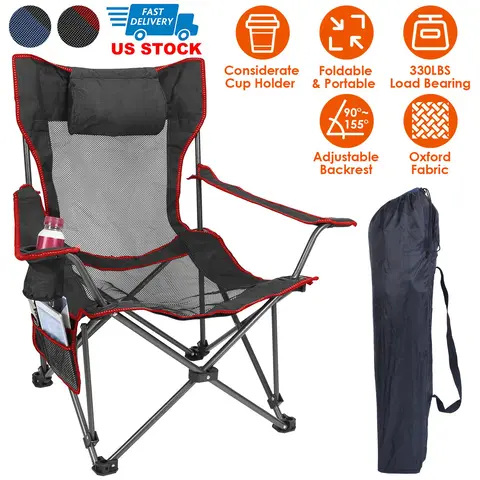 FOLDABLE CAMPING CHAIR 330LBS LOAD HEAVY DUTY STEEL LAWN CHAIR COLLAPSIBLE CHAIR WITH RECLINING BACKREST ANGLE CUP HOLDER PILLOW SIDE POCKET CARRY BAG