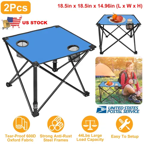 2PCS FOLDABLE CAMPING TABLE PORTABLE PICNIC TABLE LIGHTWEIGHT TRAVEL DESK WITH 2 CUP HOLDERS/TABLE CARRYING BAG