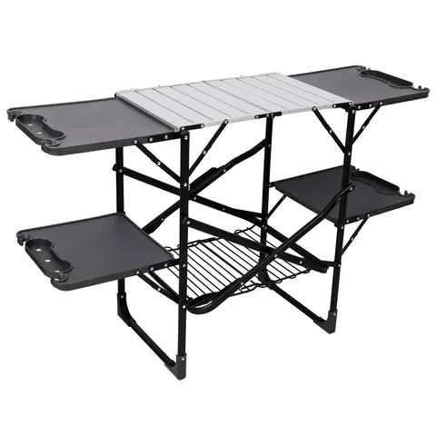 FOLDING CAMPING KITCHEN TABLE, PORTABLE OUTDOOR COOKING STATION WITH HEAT RESISTANT TOP, 4 SIDE TABLES & LOWER STORAGE RACK FOR PICNIC, TAILGATING & C