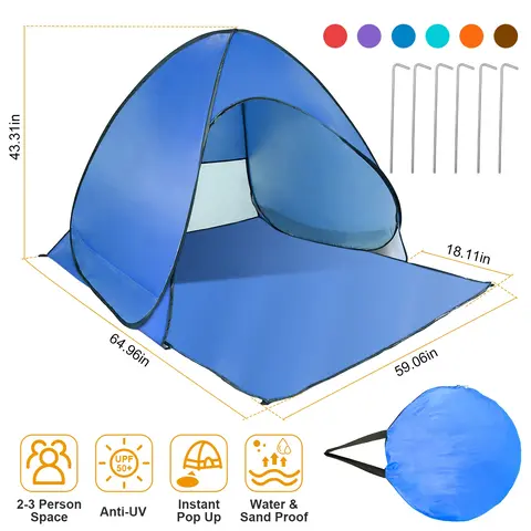 POP UP BEACH TENT SUN SHADE SHELTER ANTI-UV AUTOMATIC WATERPROOF TENT CANOPY FOR 2/3 MAN W/ NET WINDOW STORAGE BAG FOR OUTDOOR BEACH CAMPING FISHING P