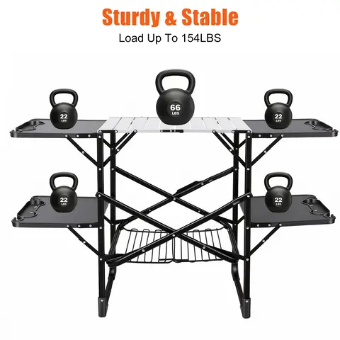 FOLDING CAMPING KITCHEN TABLE, PORTABLE OUTDOOR COOKING STATION WITH HEAT RESISTANT TOP, 4 SIDE TABLES & LOWER STORAGE RACK FOR PICNIC, TAILGATING & C