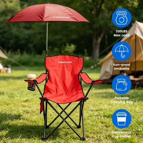 CAMPING CHAIR WITH UMBRELLA LIGHTWEIGHT FOLDABLE OUTDOOR CHAIR WITH CUP HOLDER DETACHABLE SUN CANOPY CARRYING BAG 330LBS MAX LOAD FOR BEACH PICNIC TRA