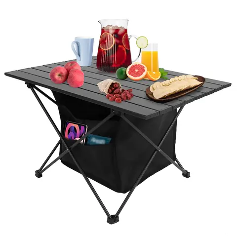 FOLDABLE CAMPING TABLE WITH STORAGE BASKET RUSTPROOF PORTABLE ALUMINUM ALLOY ROLL-UP CAMPING TABLE WITH CARRYING BAG FOR CAMPING HIKING BBQ PICNIC FIS