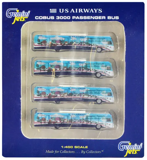 COBUS 3000 PASSENGER BUS WHITE AND BLUE WITH GRAPHICS "US AIRWAYS SHUTTLE BUS - GREENER TRANSIT" 4 PIECE SET 1/400 DIECAST MODELS BY GEMINIJETS