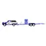 1986 CHEVROLET K5 BLAZER BLUE AND WHITE AND 1969 CHEVROLET CAMARO #5 BLUE AND WHITE "KYLE LARSON - HENDRICK MOTORSPORTS" WITH TANDEM CAR TRAILER "RACING HITCH & TOW" SERIES 6 1/64 DIECAST MODEL CARS BY GREENLIGHT